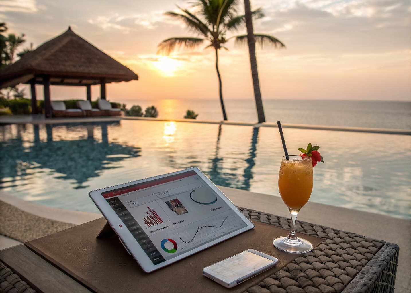 Resort paid media and remarketing campaigns: tablet showing an ad campaign dashboard on a poolside table at sunset