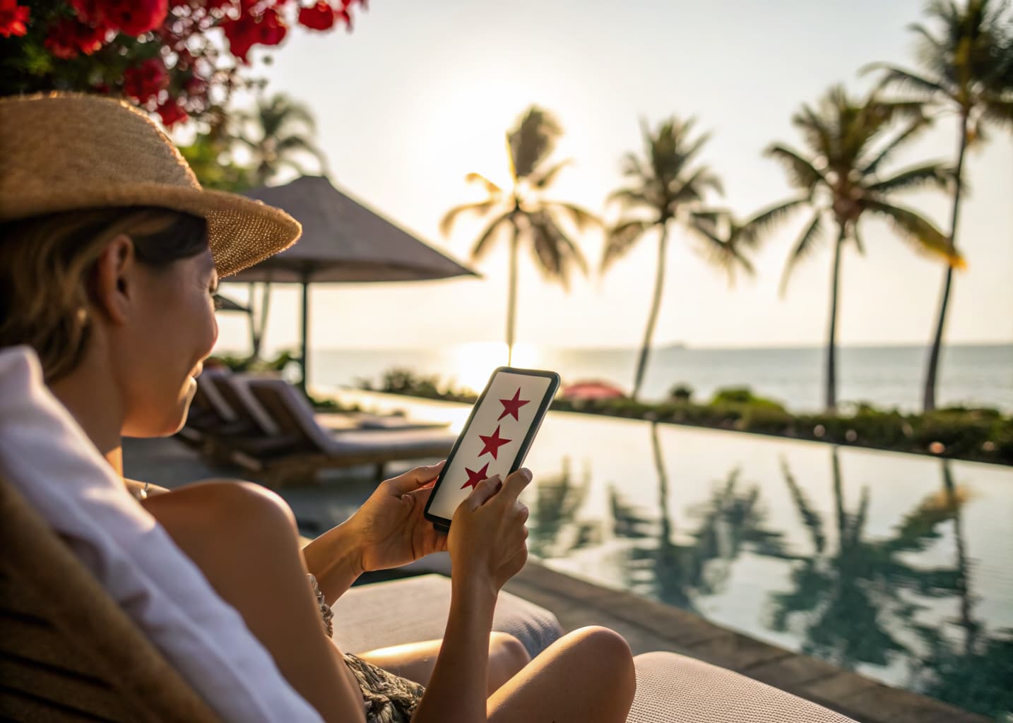 Resort reputation and review management: guest checking a star rating on a smartphone poolside