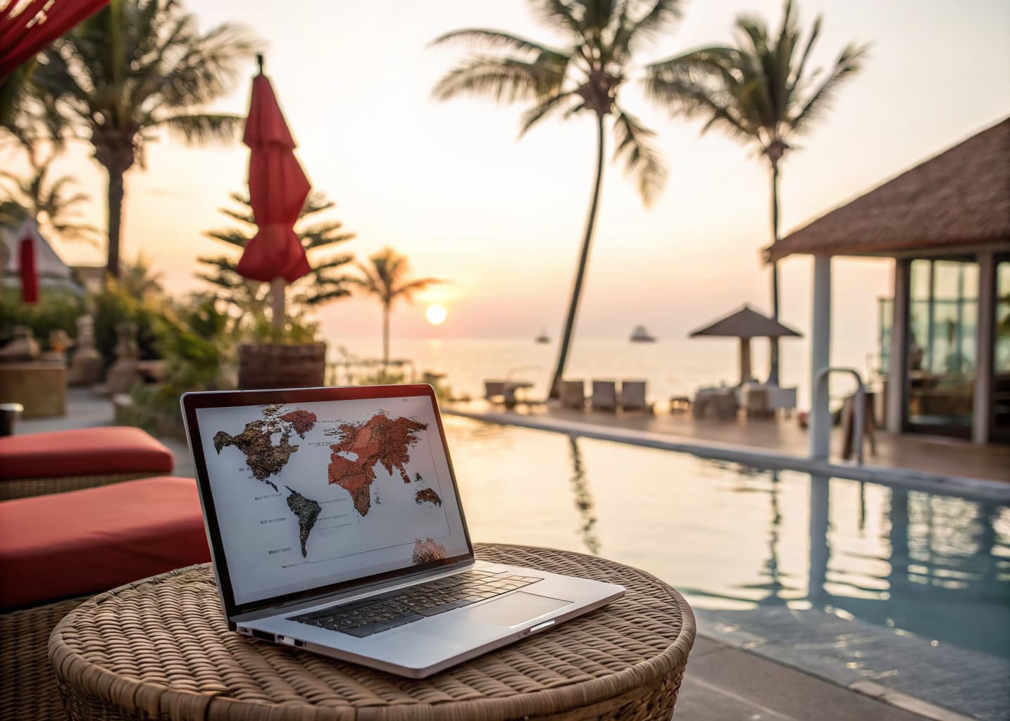 Resort SEO and destination content marketing: laptop with a destination map on a poolside table at a tropical resort