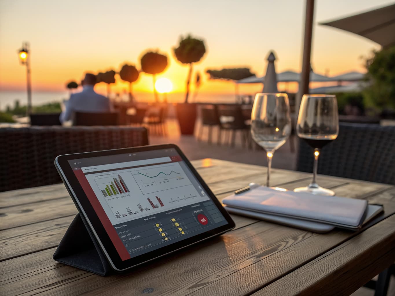 Tablet showing an analytics dashboard on a restaurant patio table at sunset