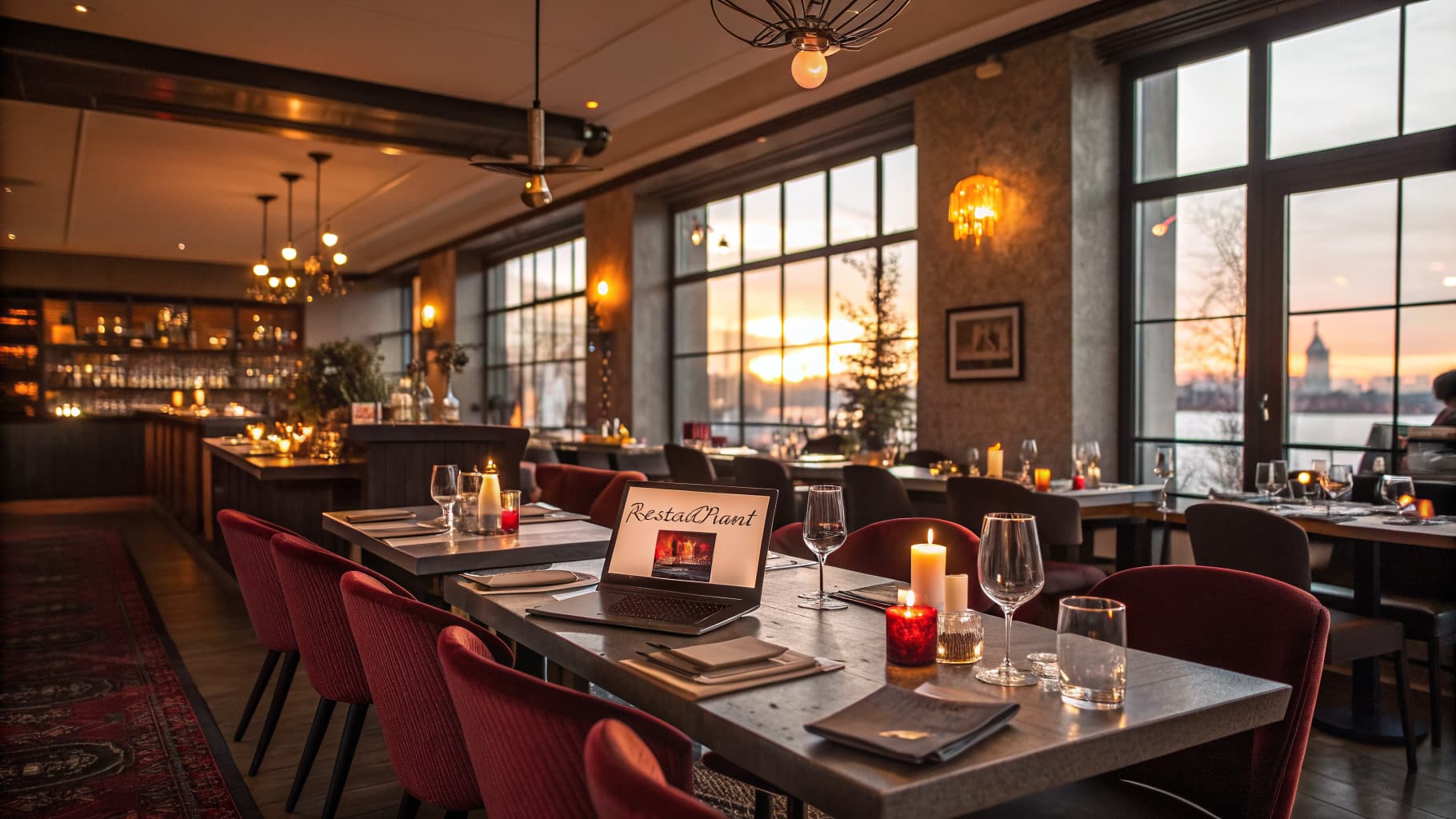 Elegant restaurant dining room at sunset with a laptop showing a restaurant website