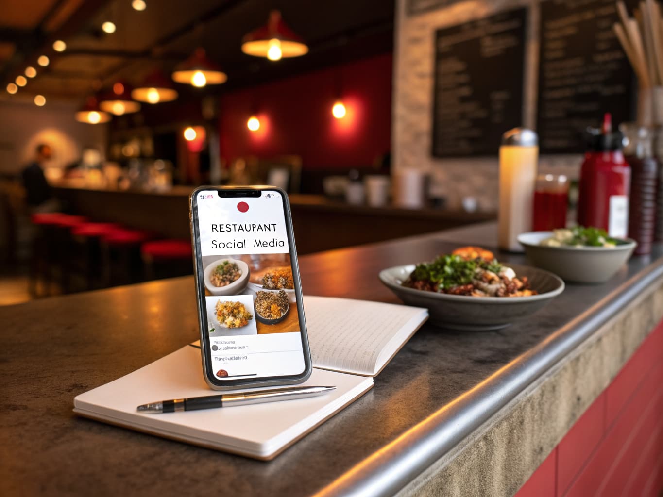 Smartphone showing a restaurant social media feed of dishes on a restaurant counter