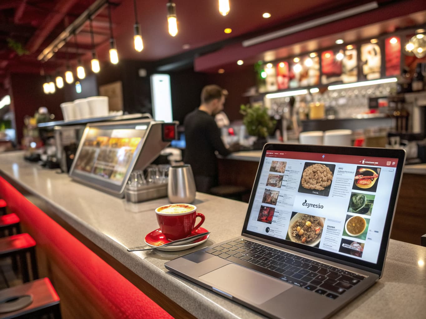 Laptop on a restaurant bar showing automated social posts and food content beside an espresso