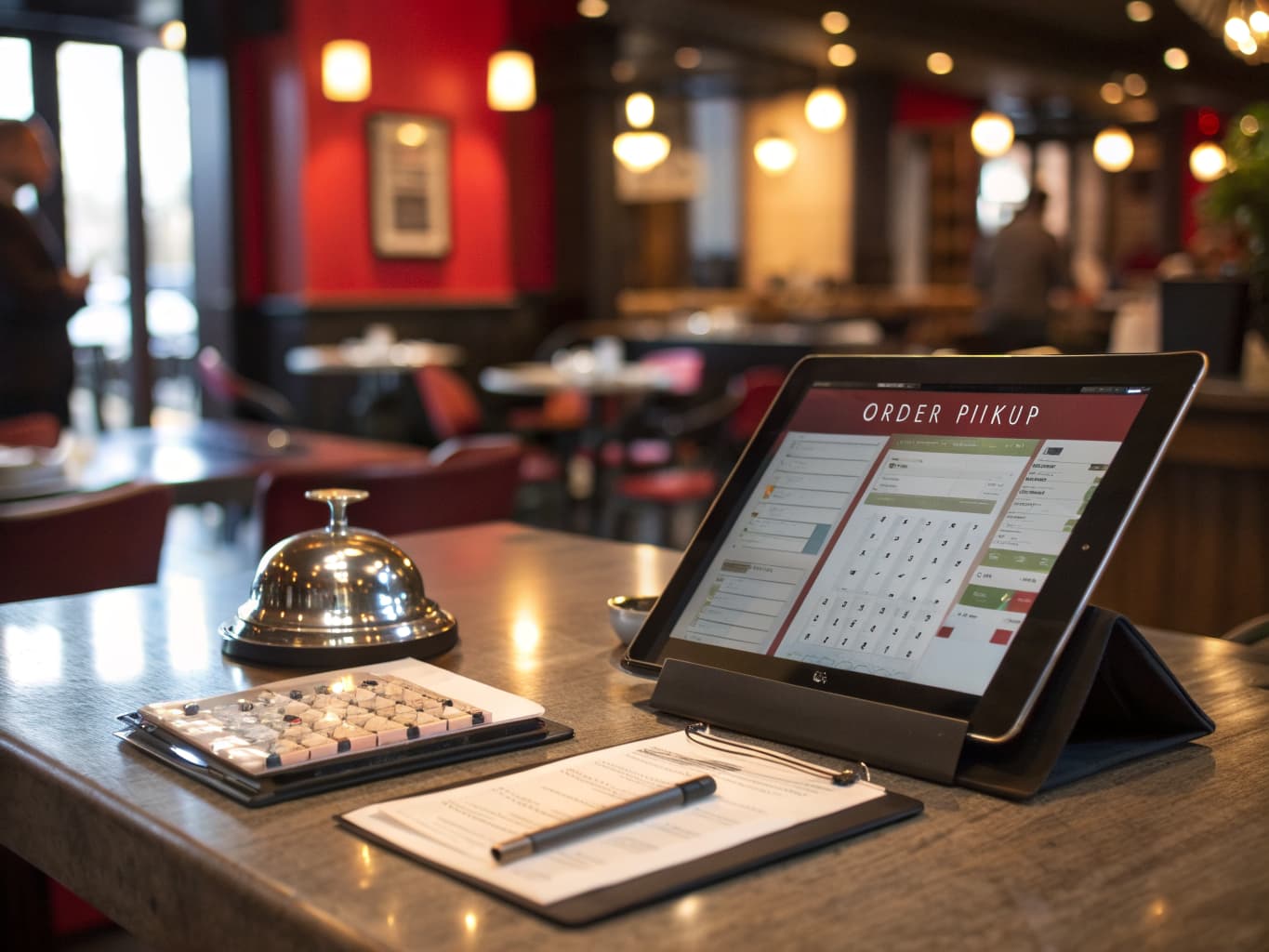 Tablet on a restaurant host stand showing online order pickup beside a service bell