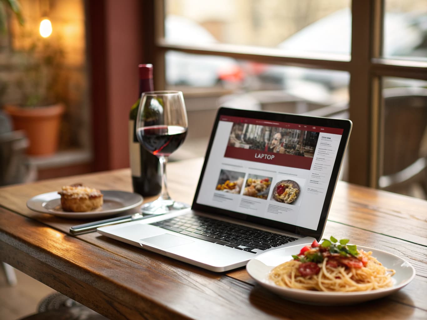 Laptop showing a restaurant website design with menu photos beside a pasta dish and red wine