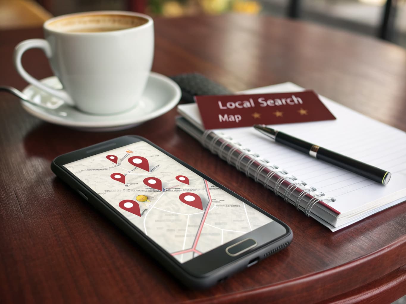 Smartphone showing a local search map with restaurant pins next to a notebook and coffee