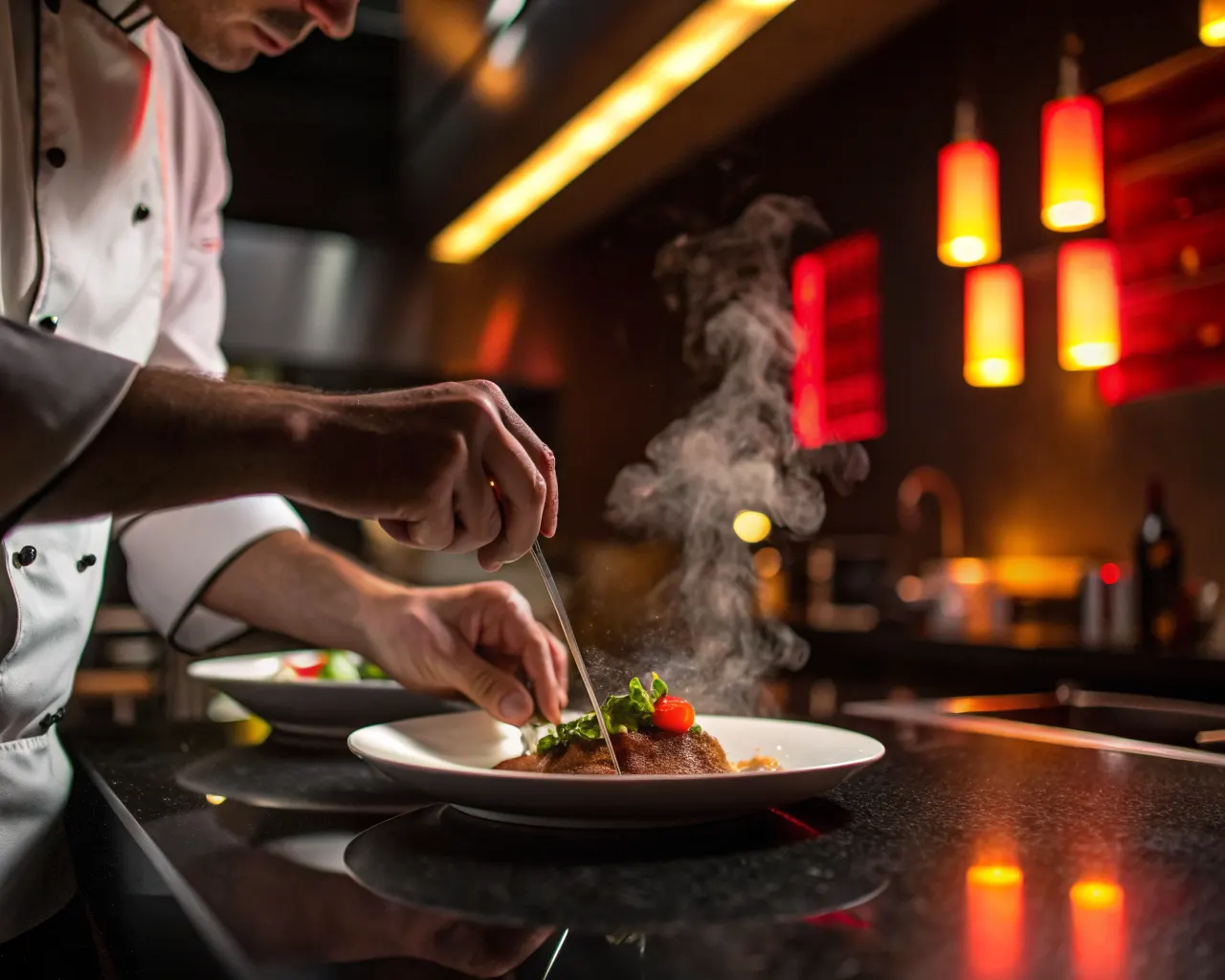 Chef plating a gourmet dish in a modern restaurant kitchen with warm lighting