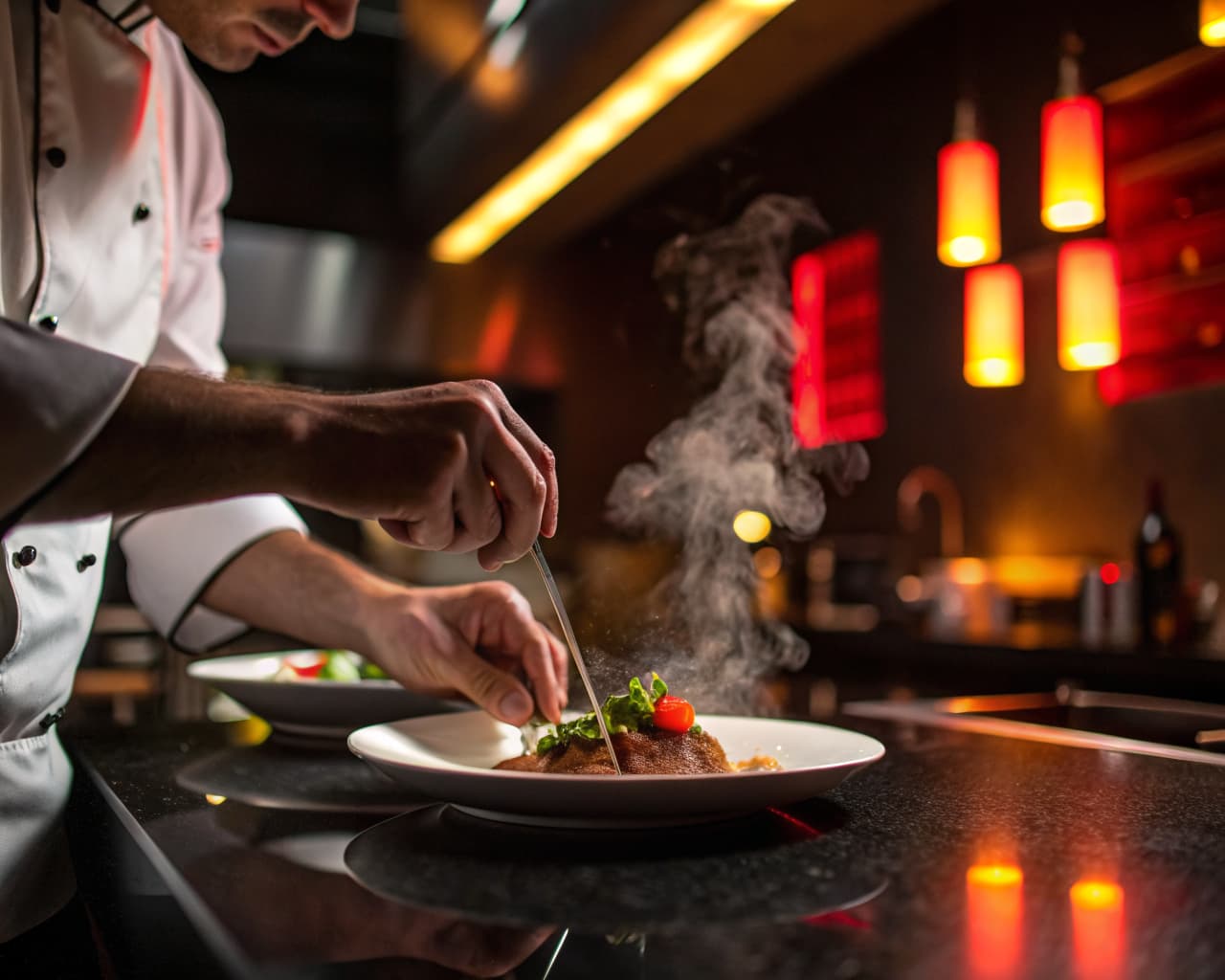 Chef plating a gourmet dish in a modern restaurant kitchen with warm lighting