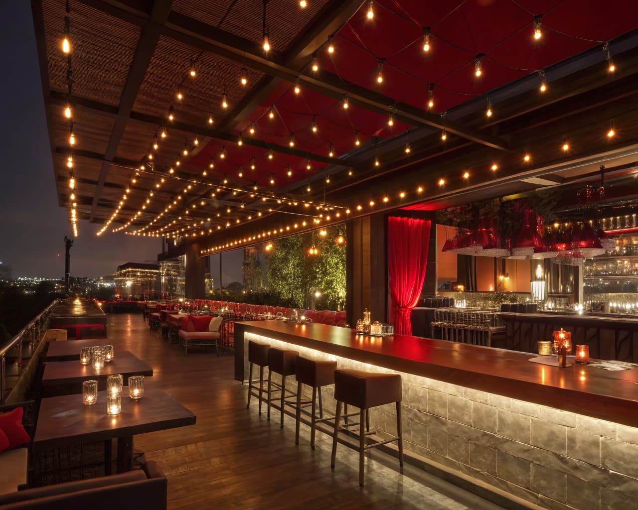 Upscale restaurant rooftop bar and lounge glowing with warm string lights at night