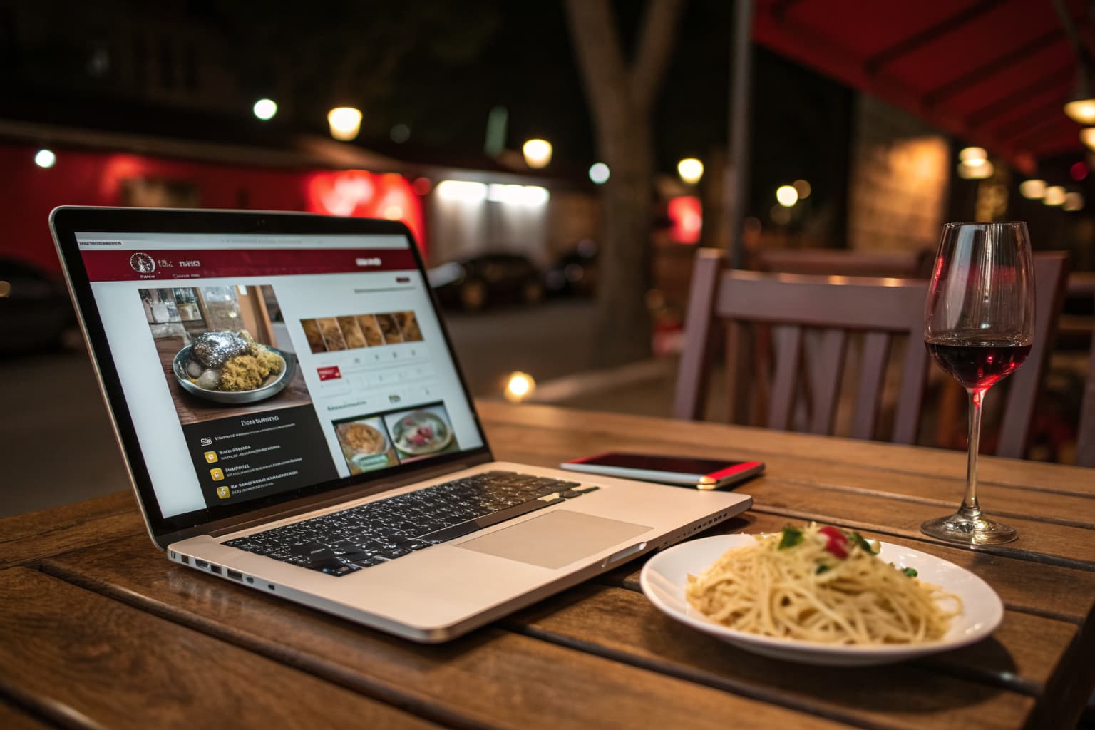 Laptop showing a mobile-friendly restaurant website beside a plate of pasta and a glass of wine