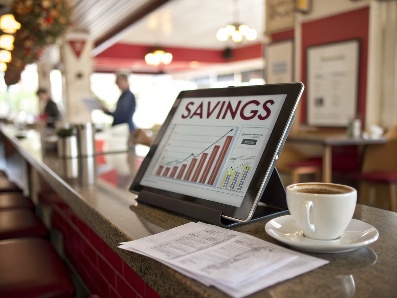 Tablet on a restaurant counter showing a savings chart