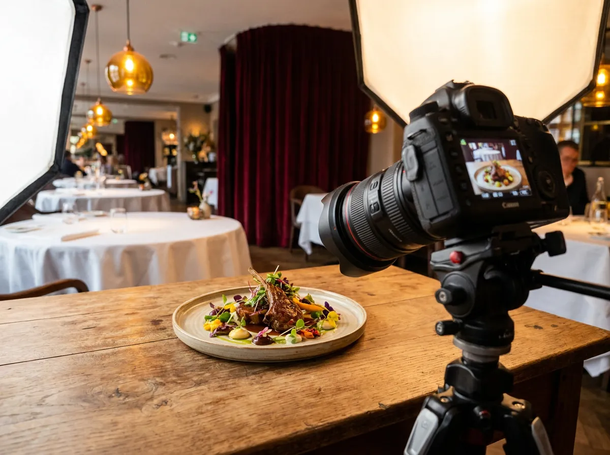 Restaurant brand and visual storytelling: camera photographing a plated dish for restaurant content marketing