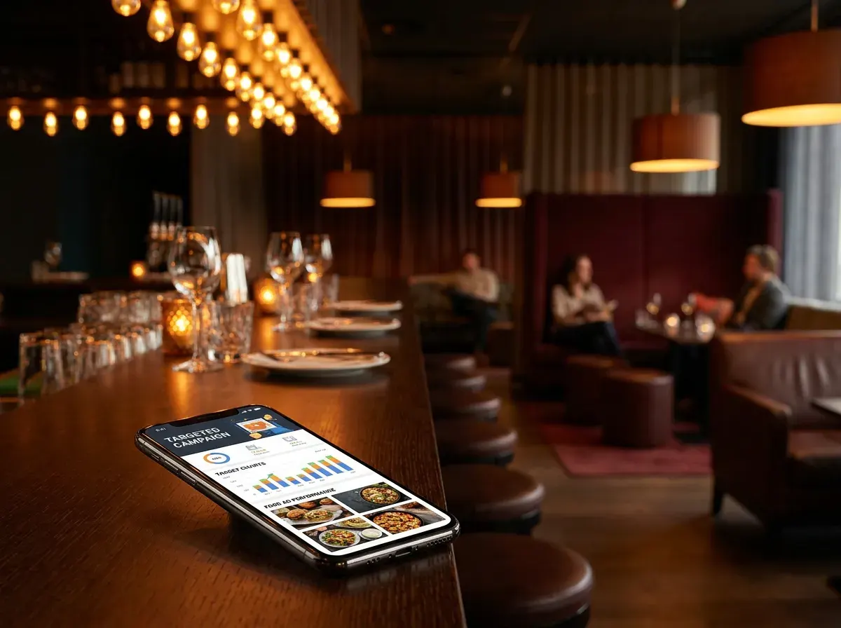 Restaurant paid media and remarketing: phone showing a targeted food ad campaign dashboard in a restaurant setting