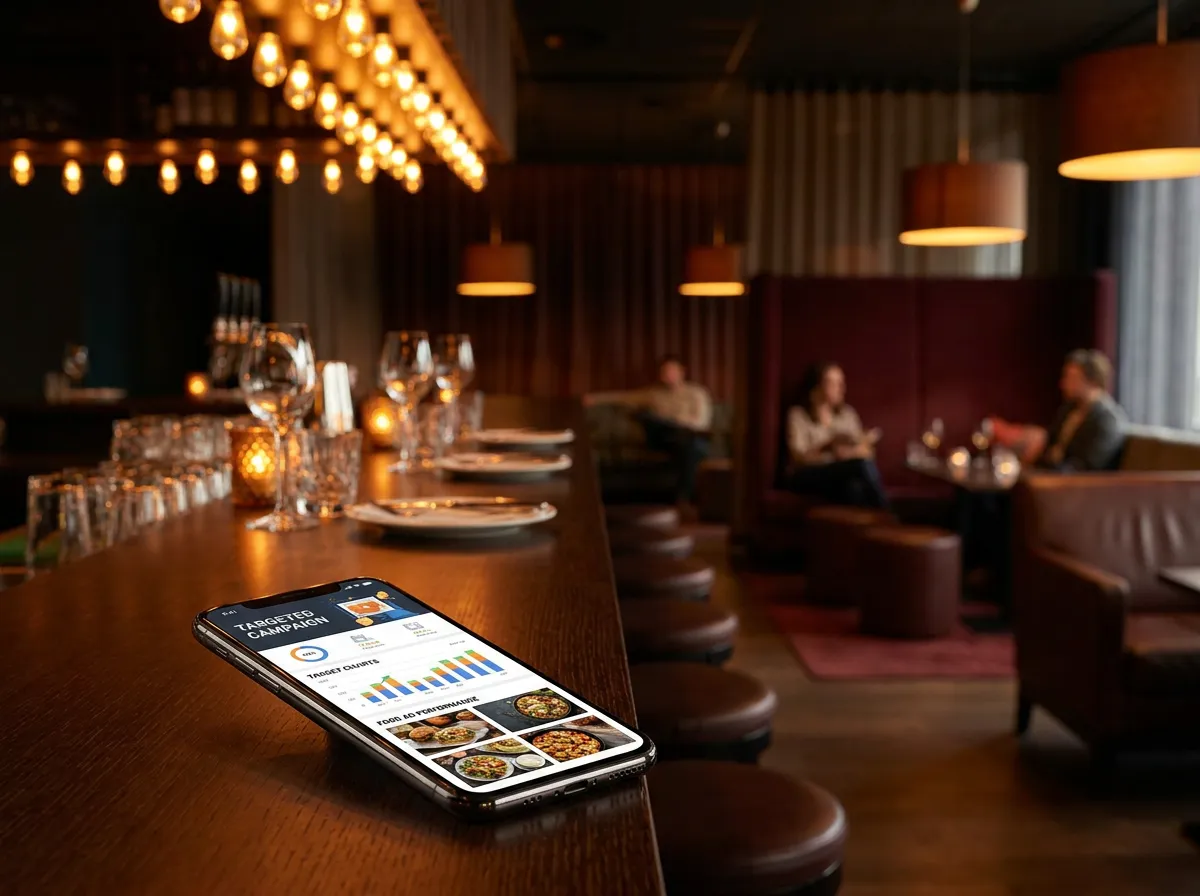 Restaurant paid media and remarketing: phone showing a targeted food ad campaign dashboard in a restaurant setting