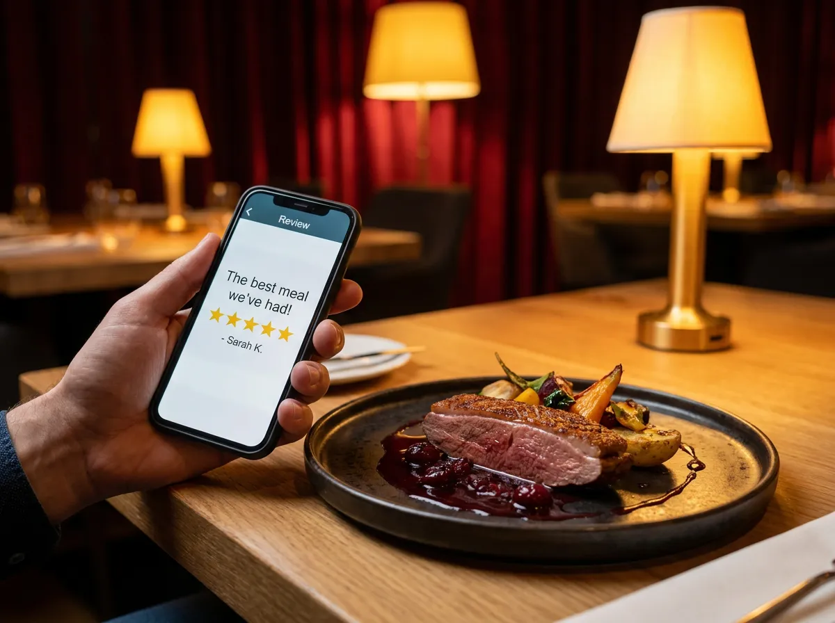 Restaurant reputation and review management: smartphone displaying a five star review beside a plated dish