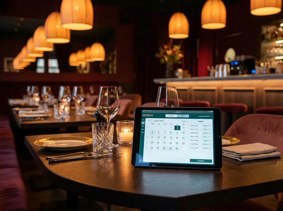 Restaurant reservation and guest marketing: tablet showing a reservation booking screen on a dining room table