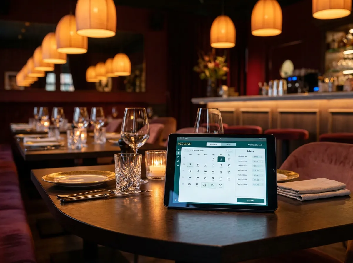 Restaurant reservation and guest marketing: tablet showing a reservation booking screen on a dining room table