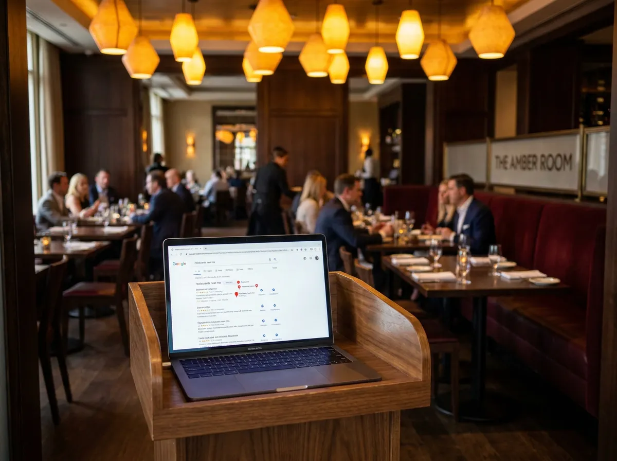 Restaurant SEO and local search marketing: laptop showing local search results at a restaurant host stand