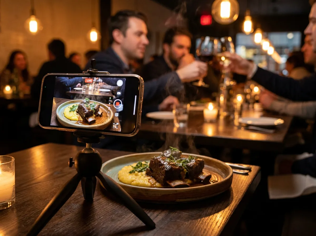 Restaurant social media and content marketing: smartphone filming a restaurant dish for social content