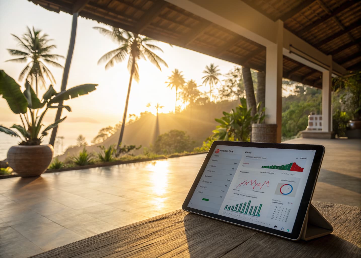 Tablet showing an analytics dashboard on a sunlit retreat terrace