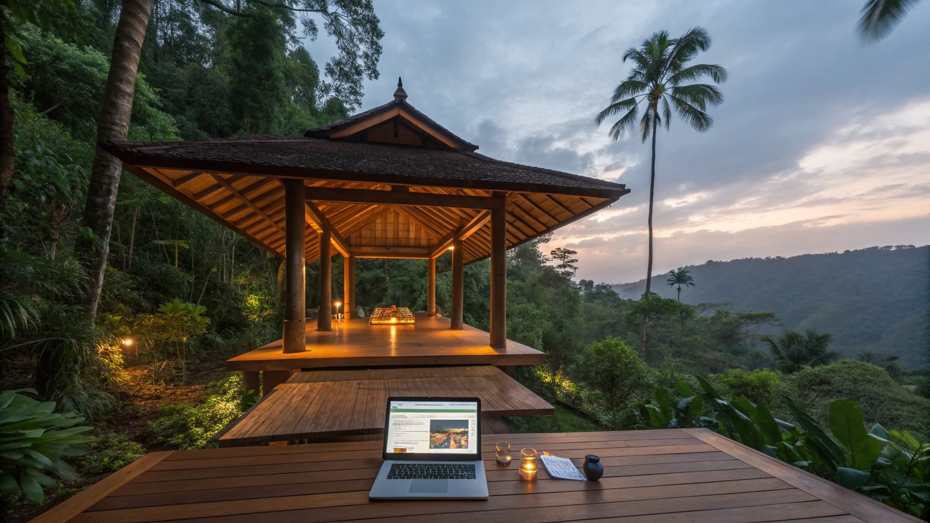 Retreat yoga pavilion in the jungle with a laptop showing a retreat website