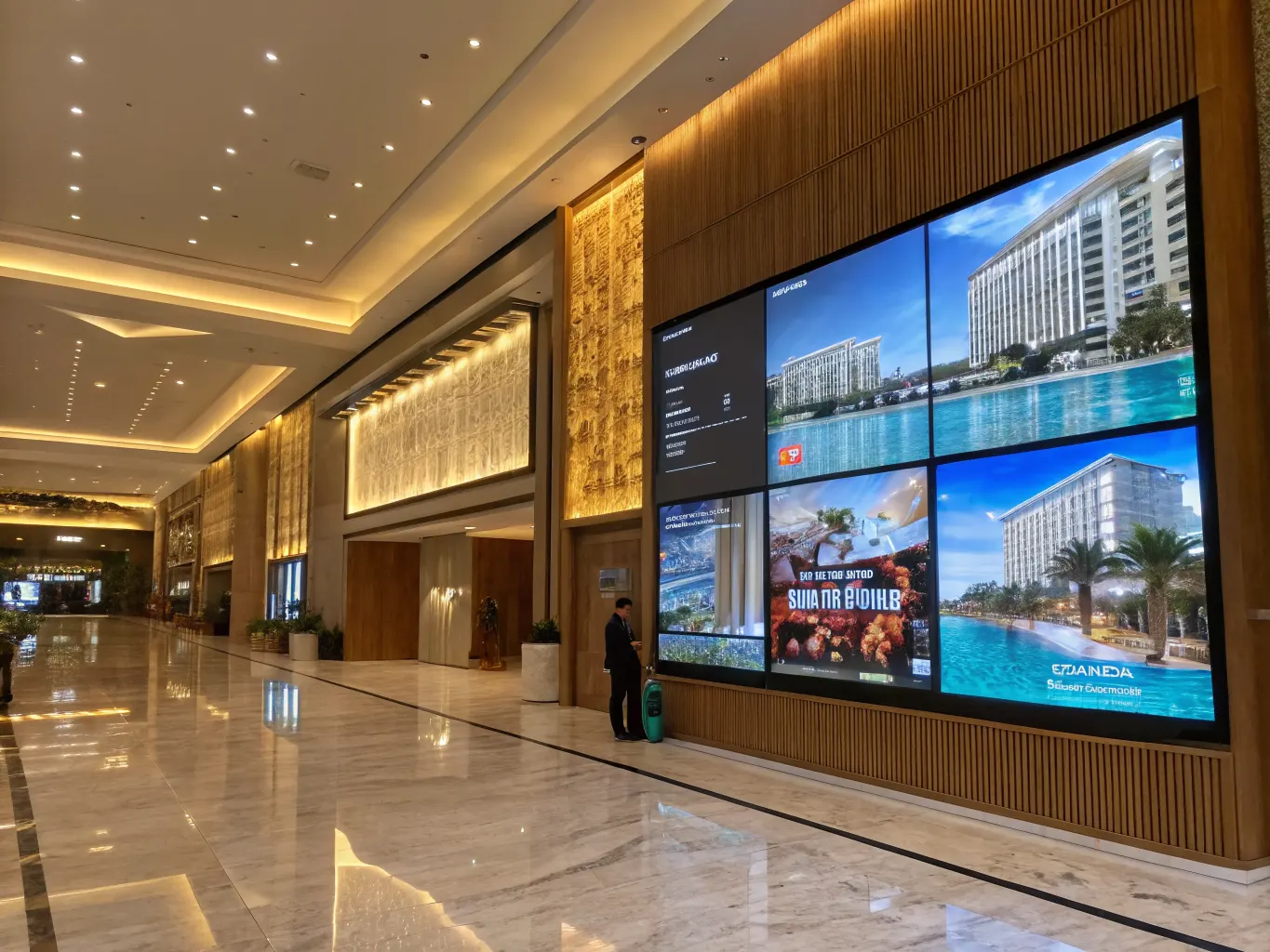 Luxury hotel lobby with large-format digital signage displays for wayfinding and promotions