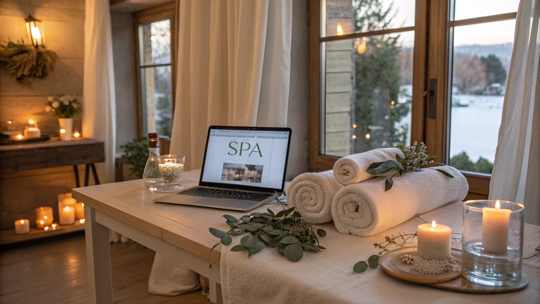 Serene spa treatment lounge at golden hour with a laptop showing a spa website