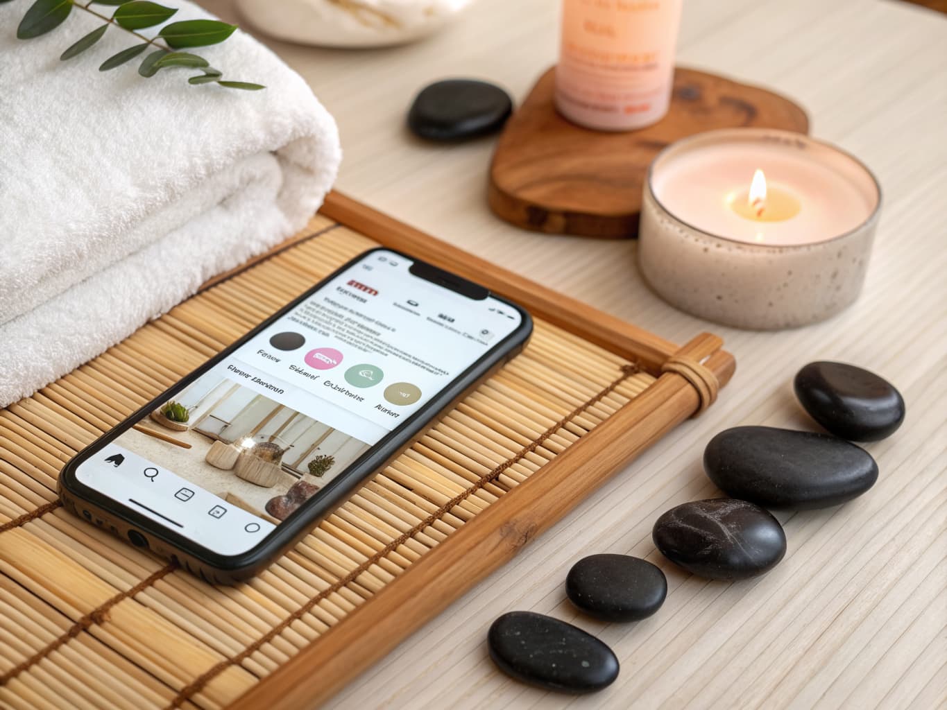 Smartphone showing a spa social media feed of treatment rooms and wellness products on a bamboo spa tray