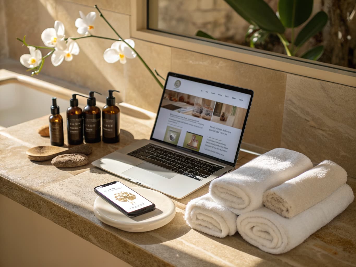 Laptop and phone showing a spa website on a stone vanity with towels and an orchid