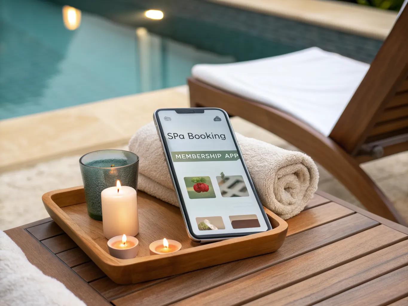 Spa booking and membership marketing: smartphone showing a spa booking app on a poolside lounge tray with towels and candles