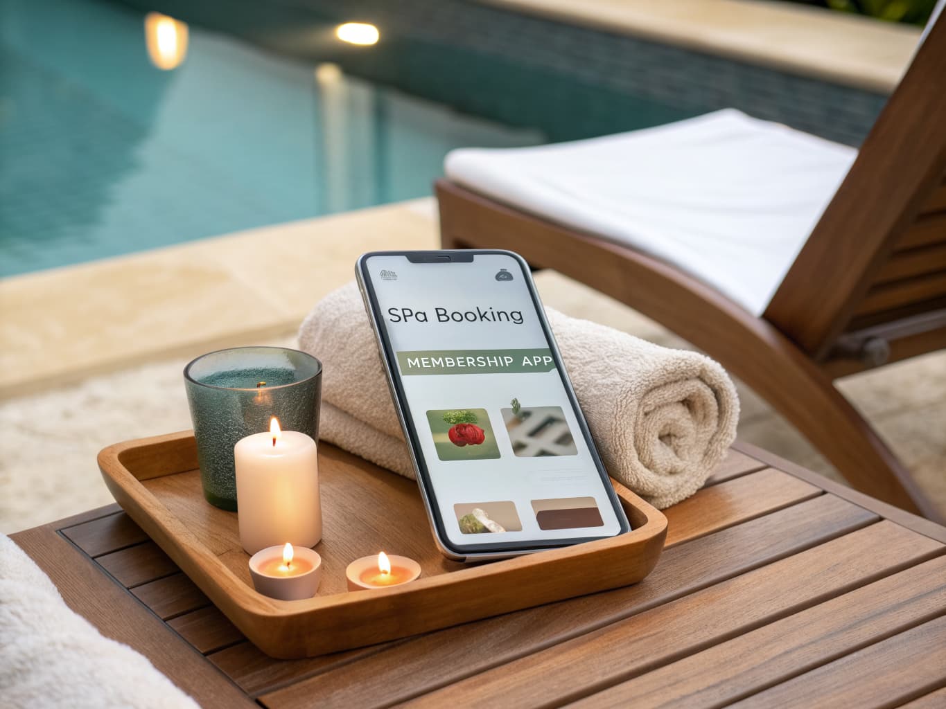 Spa booking and membership marketing: smartphone showing a spa booking app on a poolside lounge tray with towels and candles