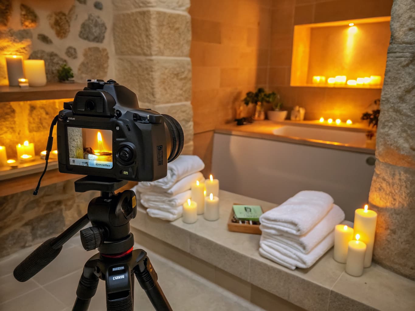 Spa brand and visual storytelling: camera photographing a candlelit treatment room with towels and essential oils