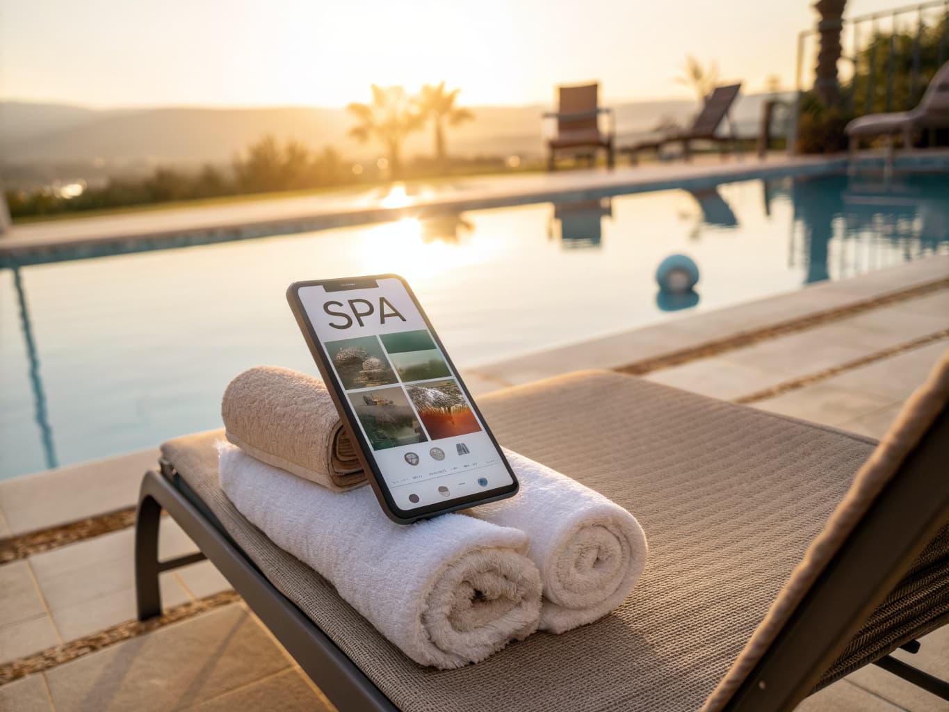 Spa paid media and remarketing: phone showing a targeted spa advertising campaign on a poolside lounge chair at sunset