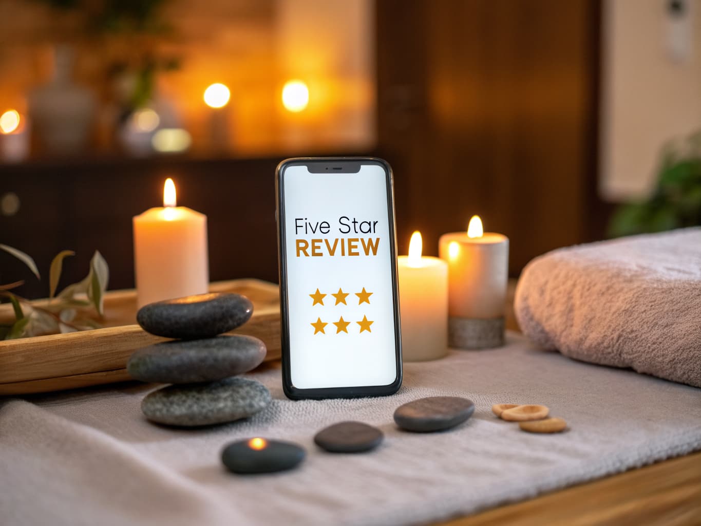 Spa reputation and review management: smartphone displaying a five star review beside massage stones and candles