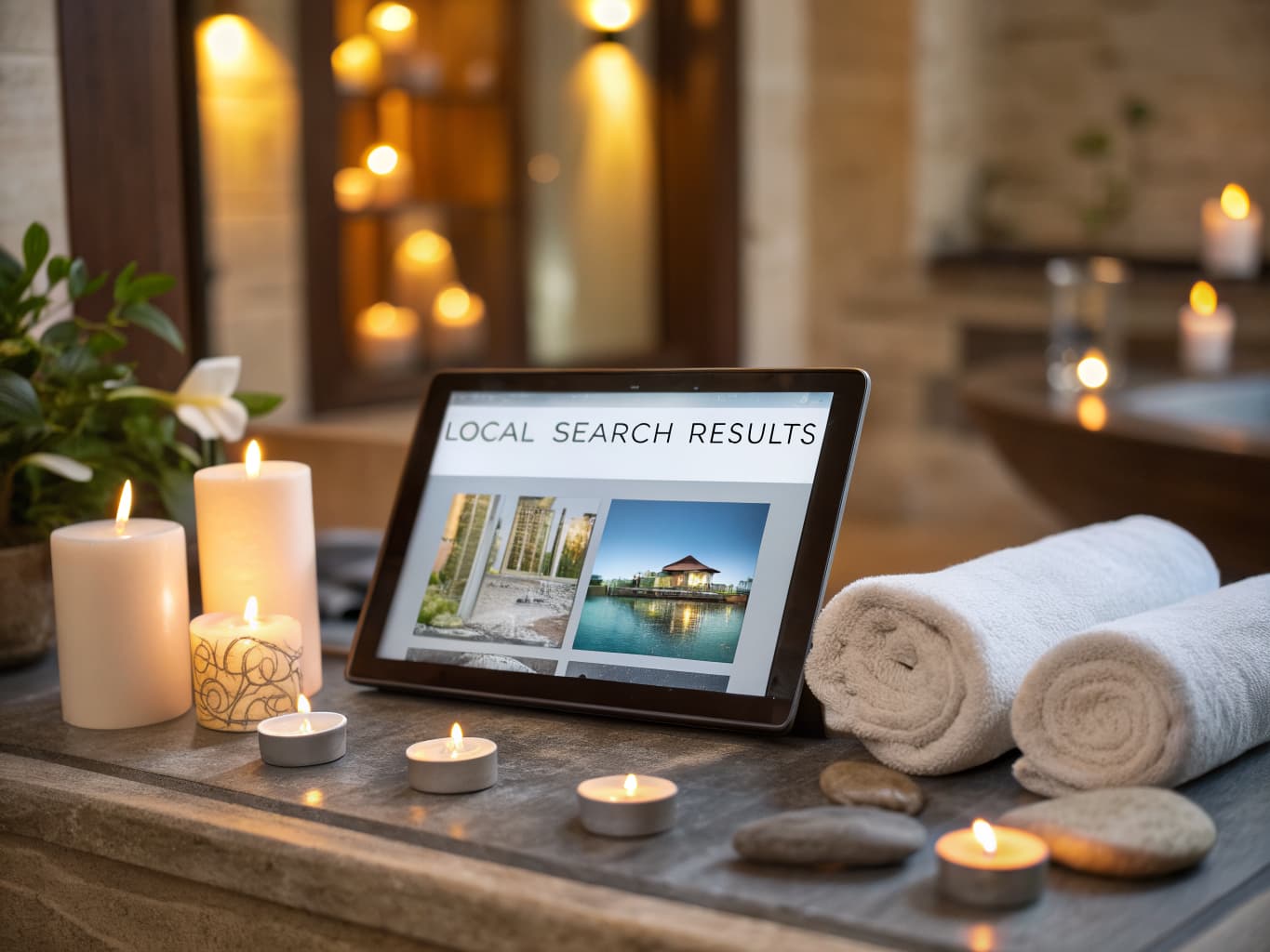 Spa SEO and local search marketing: tablet showing local search results at a spa reception desk with candles and towels