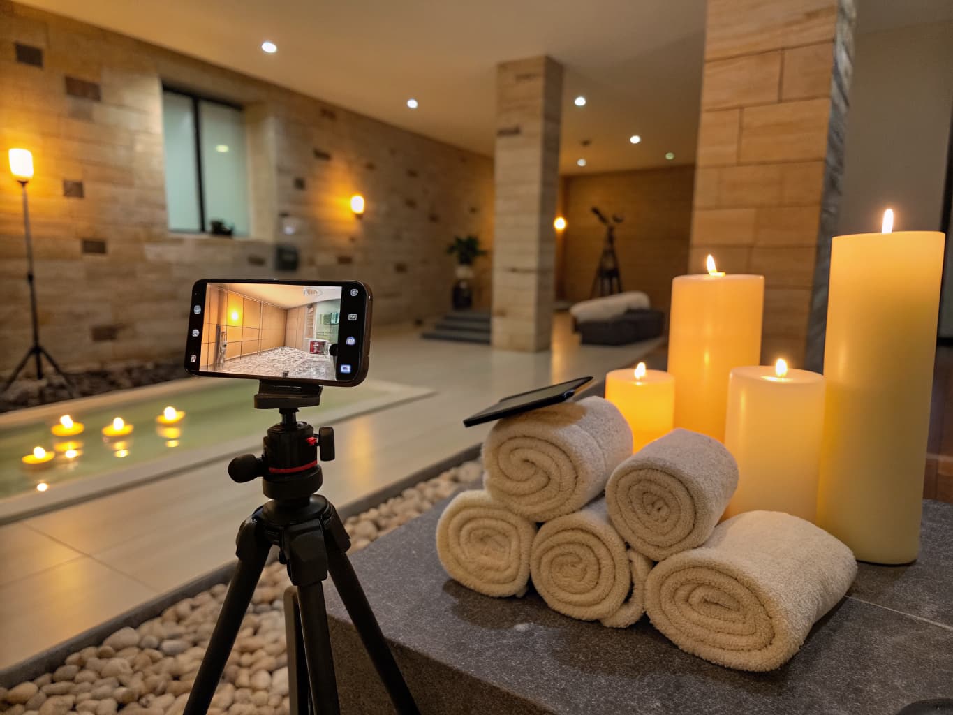 Spa social media and content marketing: smartphone filming wellness content in a candlelit spa relaxation lounge