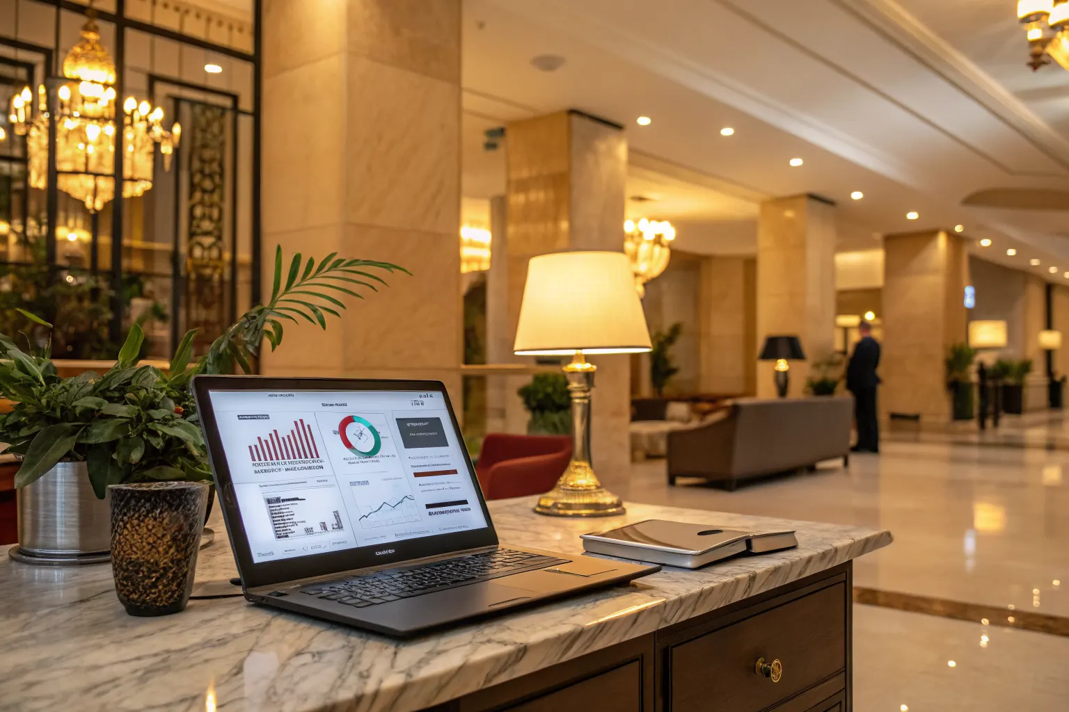 Laptop displaying digital marketing analytics dashboard on a marble desk in a luxury hotel lobby
