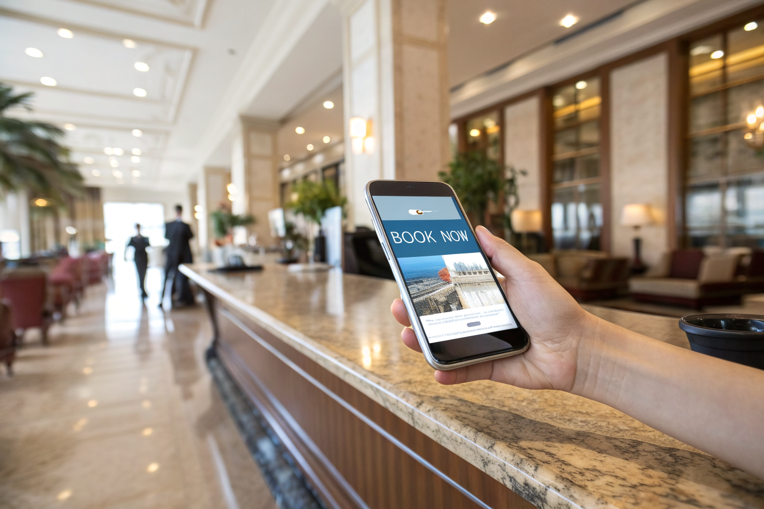 Guest holding a smartphone with a hotel Book Now page in a hotel lobby