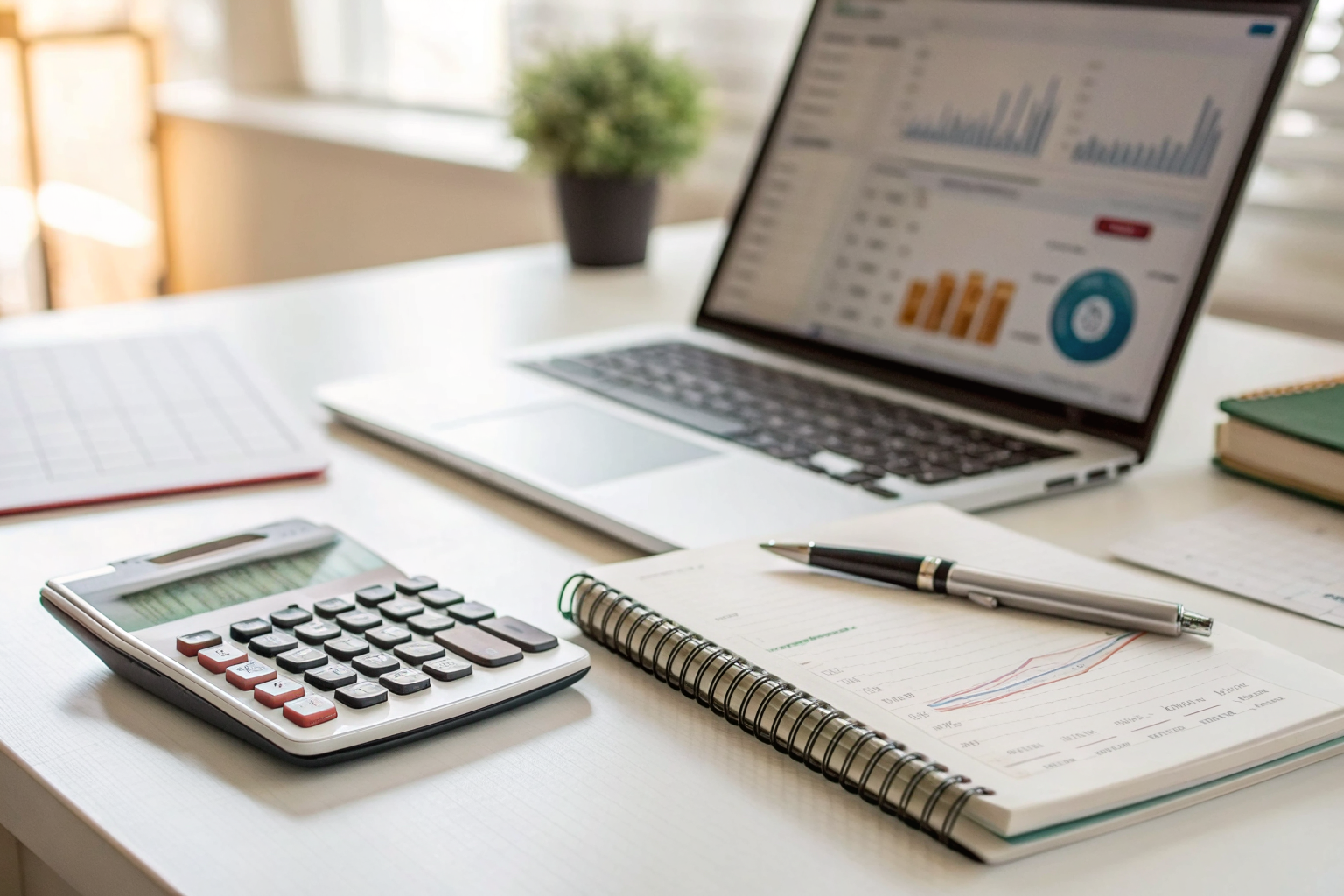Calculator, notebook and laptop with analytics dashboard comparing marketing costs