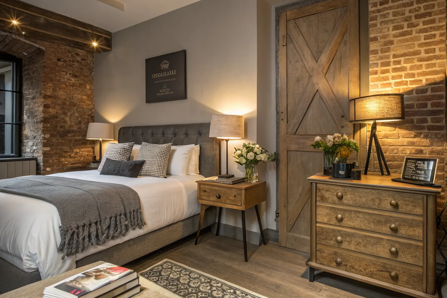 Charming boutique hotel room with exposed brick wall, vintage-inspired design, and warm ambiance