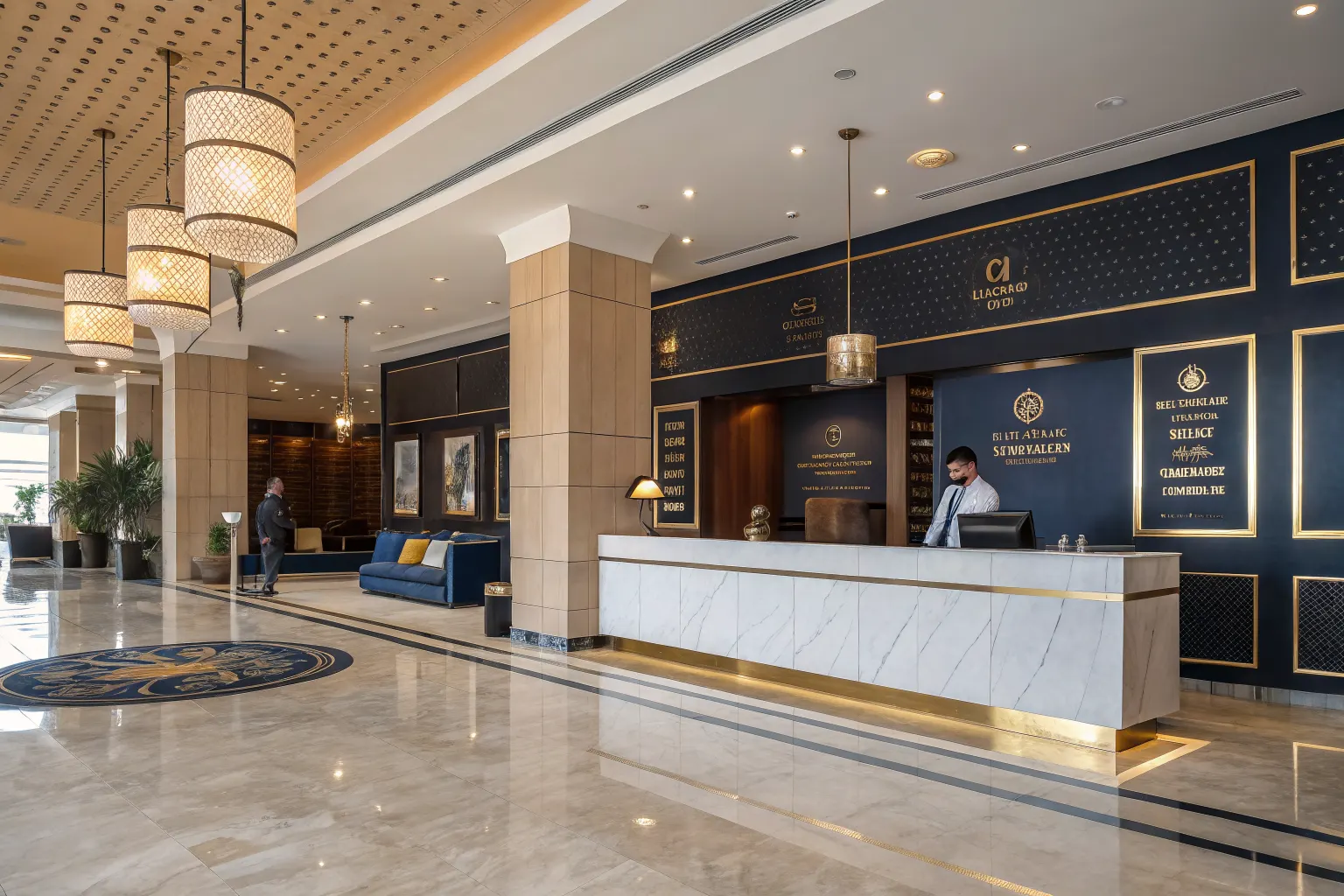 Luxury hotel lobby with consistent navy and gold branding across signage, uniforms, and decor representing brand consistency in hospitality
