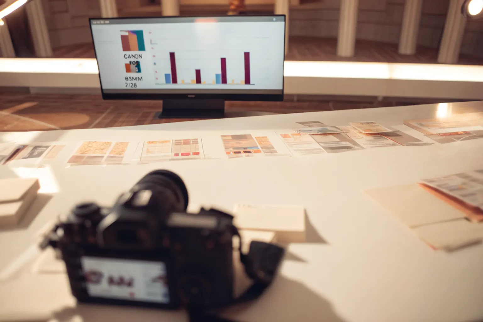 Marketing strategy workspace with monitor displaying digital hospitality ROI analytics charts and revenue growth data alongside printed campaign reports