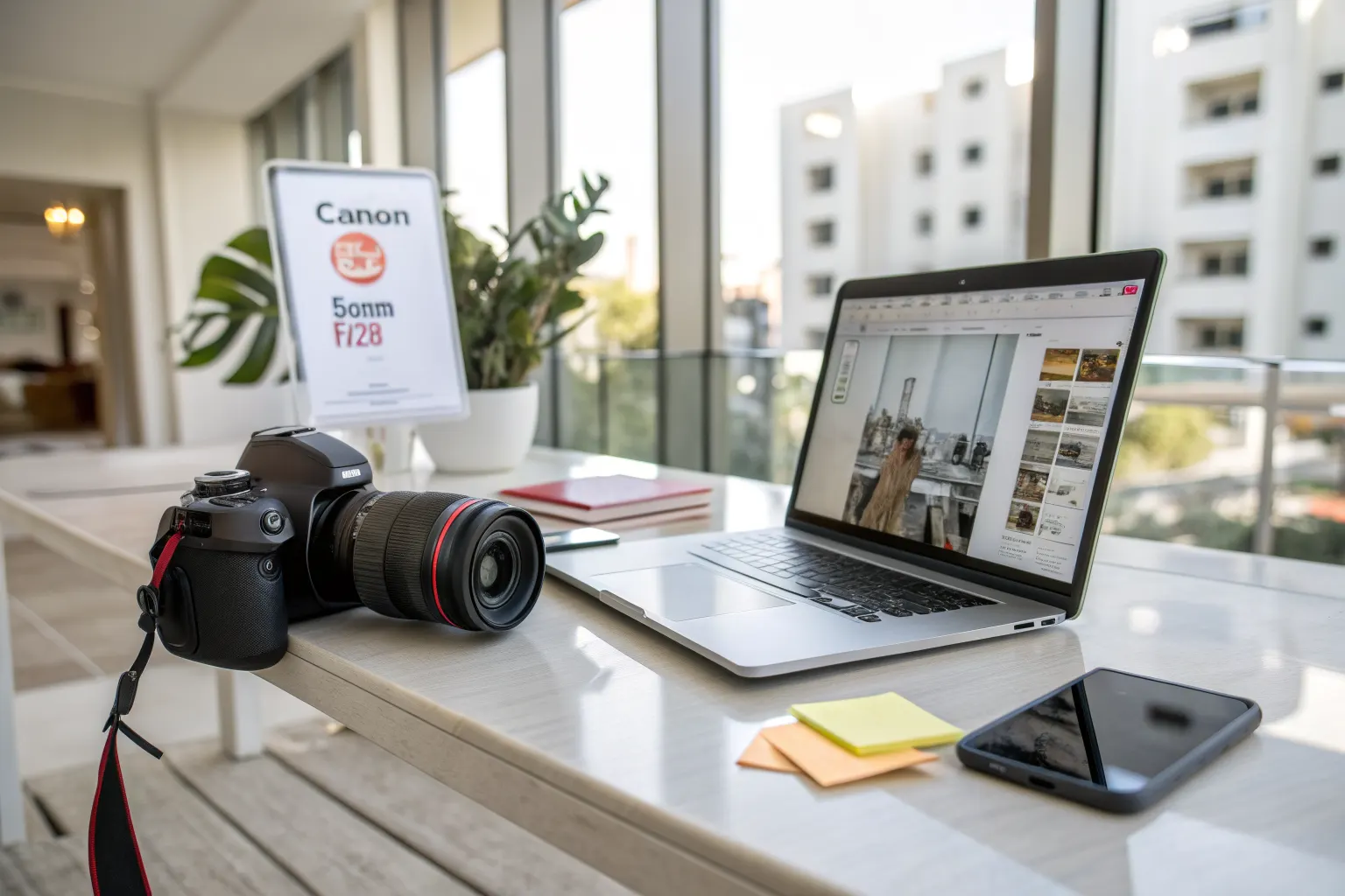 Digital marketing workspace with laptop, smartphone, and analytics for hospitality