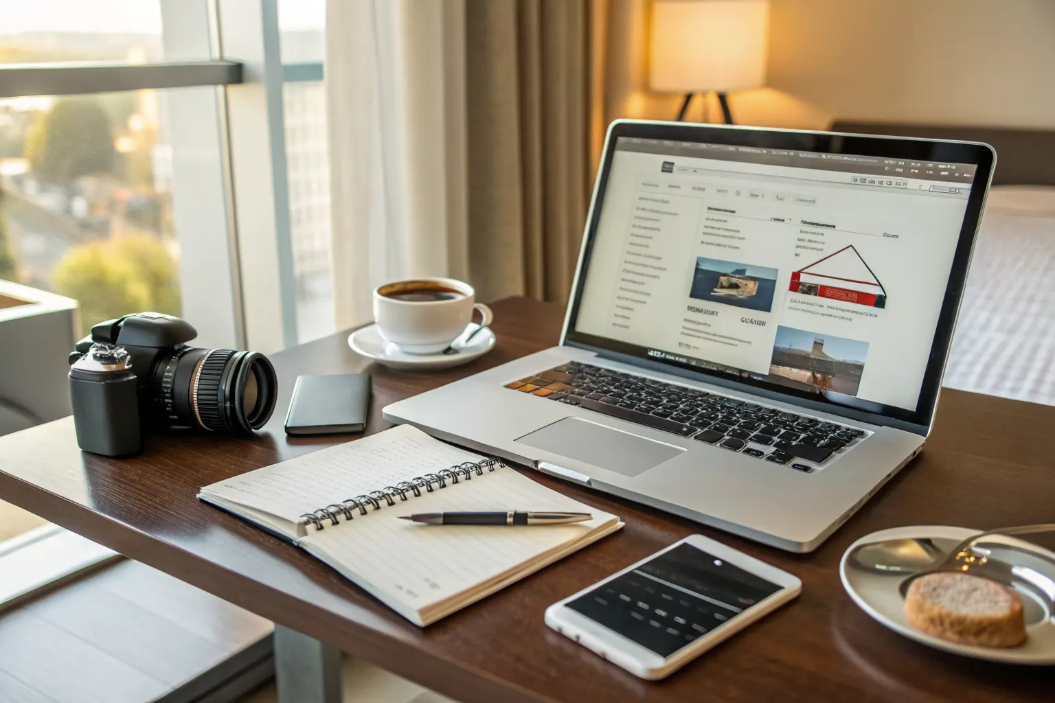 Hotel marketing workspace with laptop showing email campaign analytics and notebook representing hospitality email marketing strategies