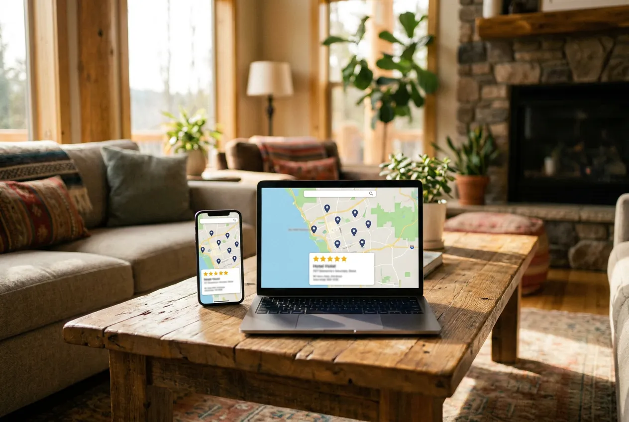 Phone and laptop showing a boutique hotel map listing with star ratings on a lobby table