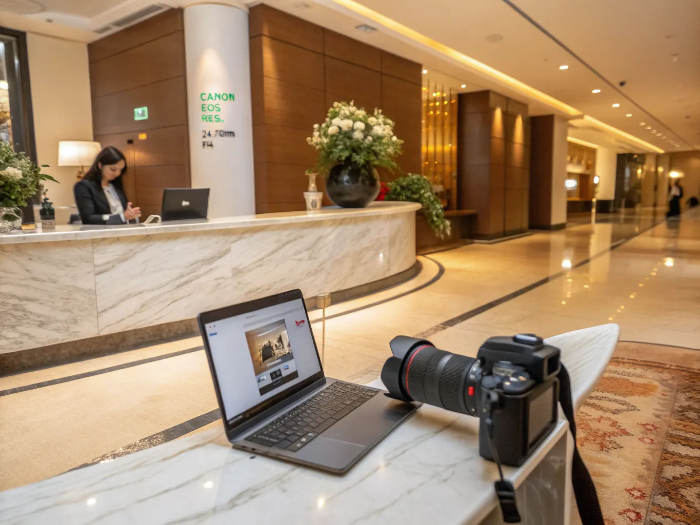 Elegant hotel lobby with marble reception desk and laptop showing hotel booking website, representing direct booking strategies