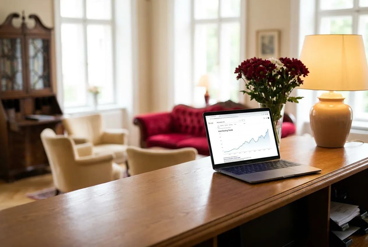 Laptop on a hotel reception desk showing a search results page and upward analytics graph