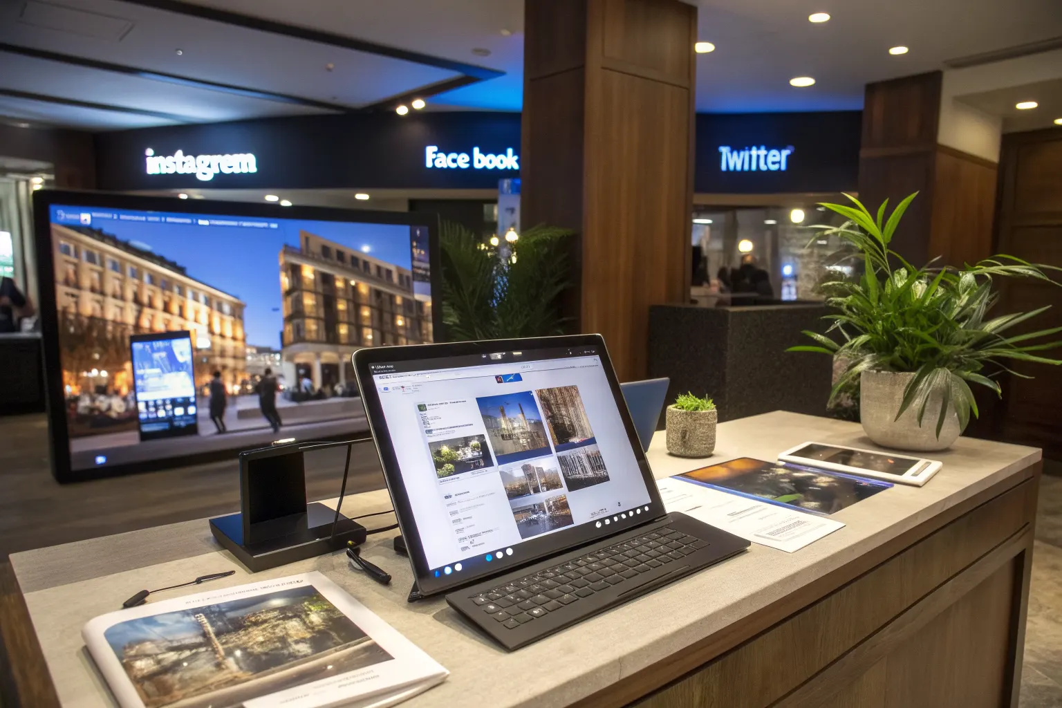 Modern hotel social media marketing workspace with screens displaying Instagram, Facebook, and Twitter hotel content feeds