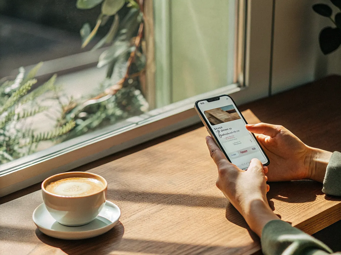 Smartphone displaying hotel app with personalized offers beside a coffee cup