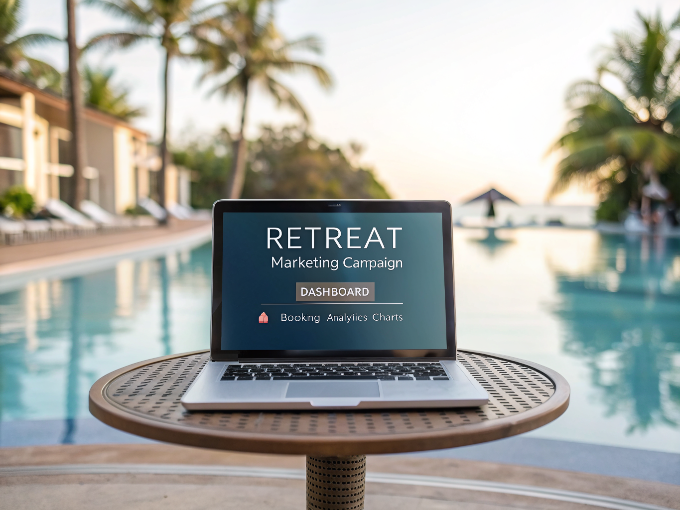 Laptop displaying a retreat marketing campaign dashboard with booking analytics at a poolside resort table